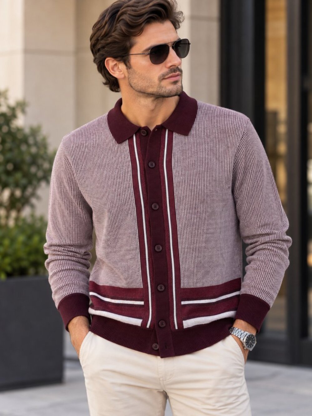 Report Collection Cashmere Touch Burgundy Button Front Polo Cardigan Men's S